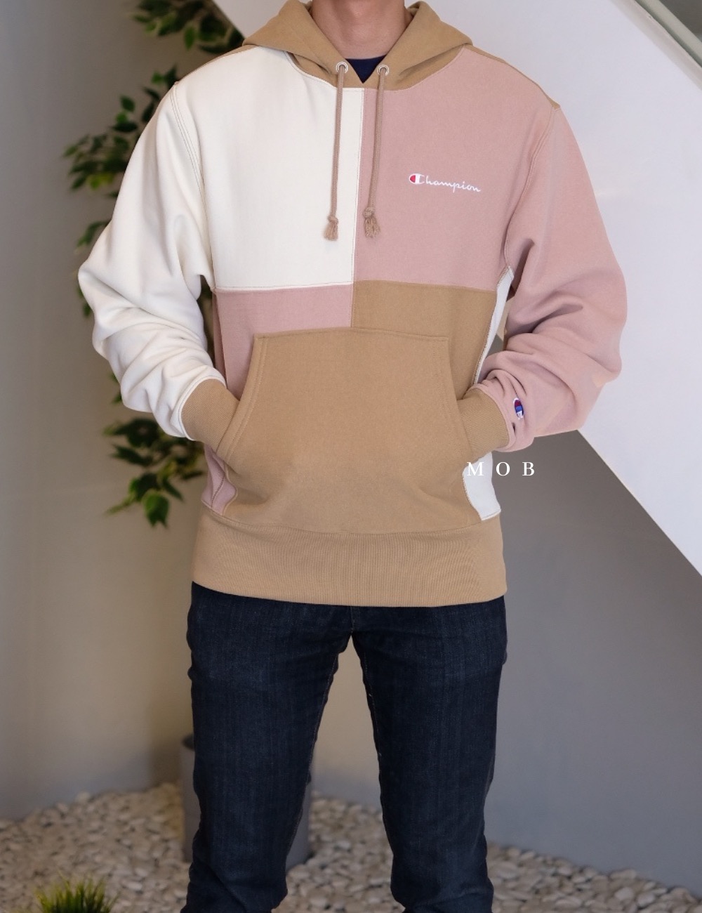 CHMPHOD03001A Champion x Urban Oufitters Exclusive Colorblocked Hoodie Cream Pink Brown