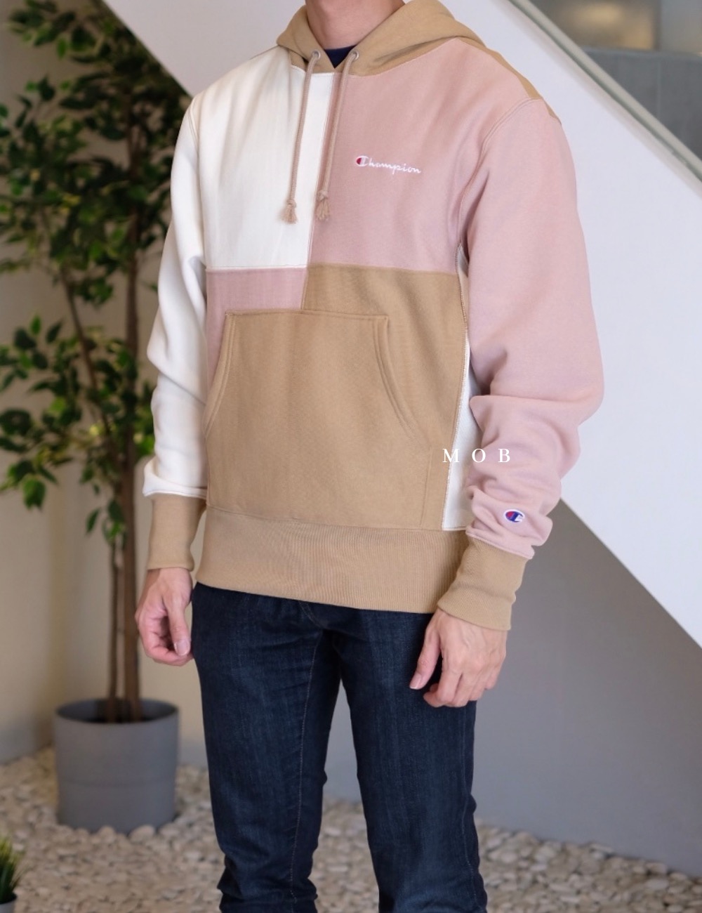 CHMPHOD03001A Champion x Urban Oufitters Exclusive Colorblocked Hoodie Cream Pink Brown