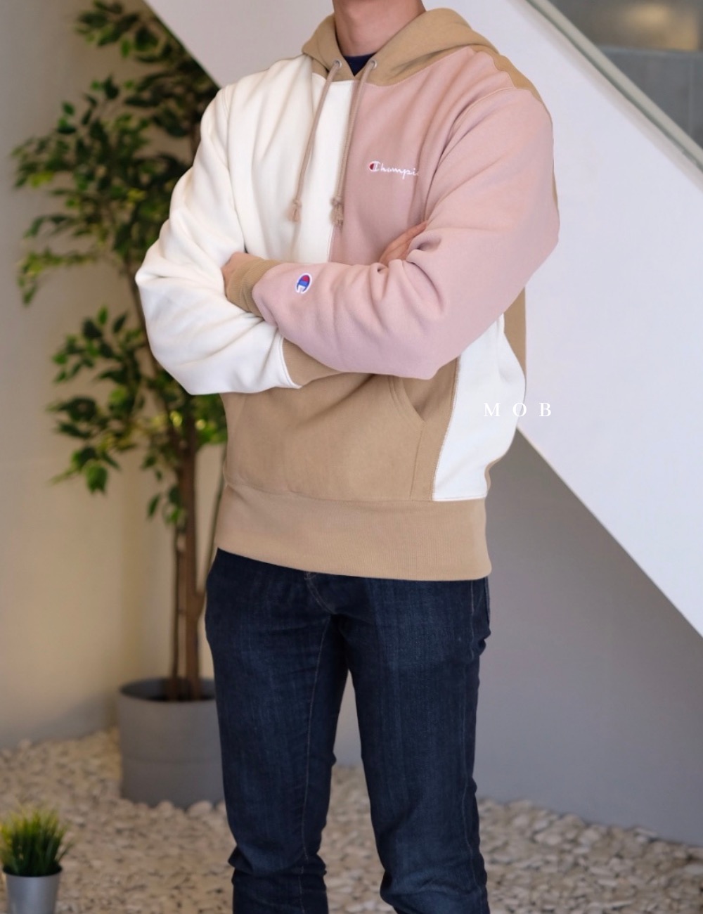 CHMPHOD03001A Champion x Urban Oufitters Exclusive Colorblocked Hoodie Cream Pink Brown