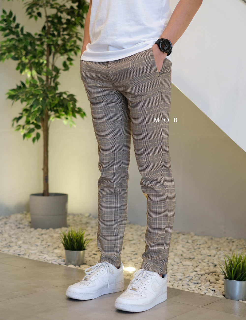 HMPT09001B Skinny Pants LIGHT Brown Plaid