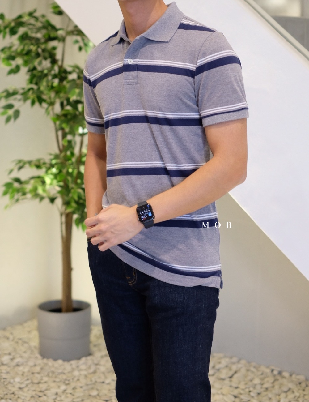 ARPS03002A Stripe Mix Grey Navy Polo Tee