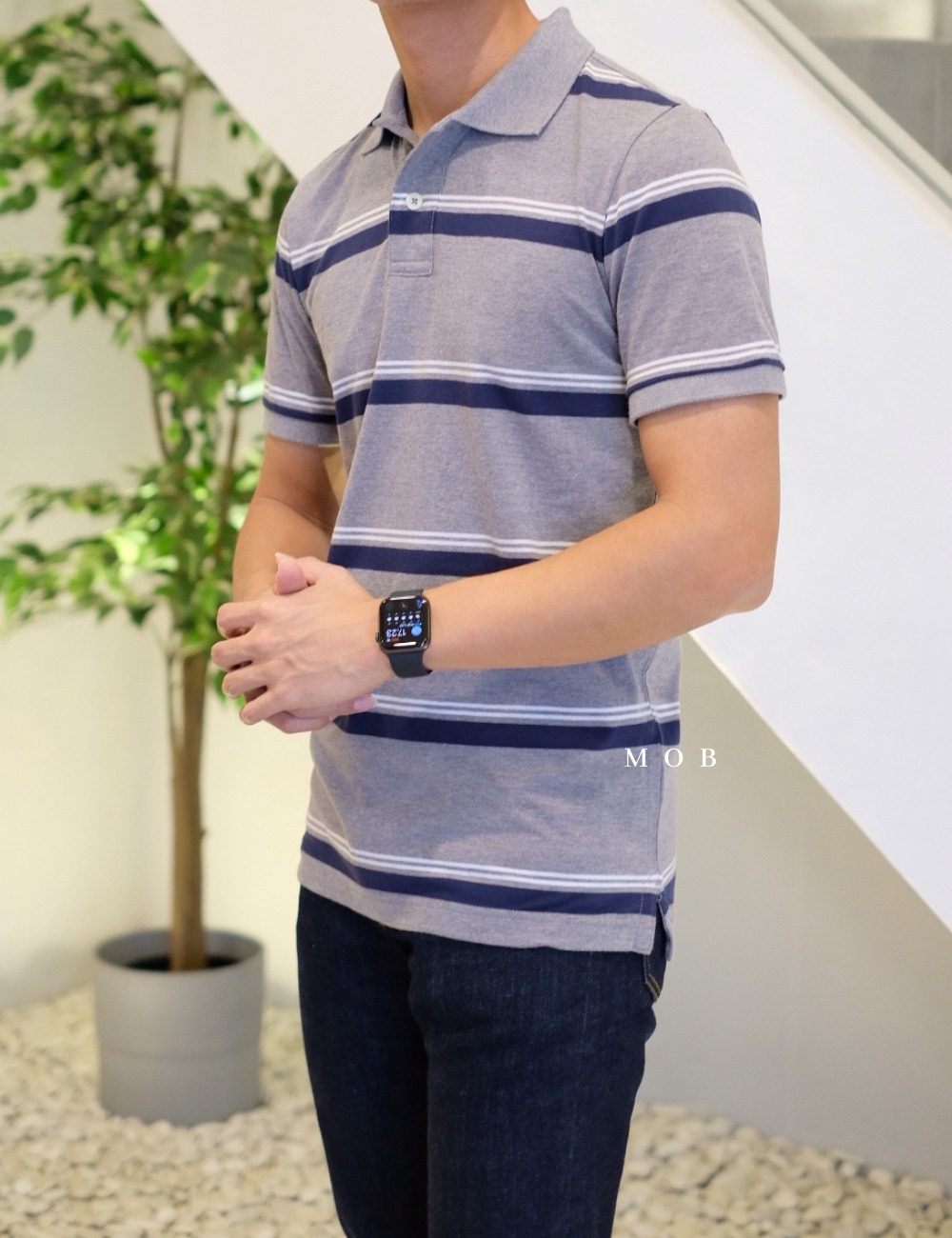 ARPS03002A Stripe Mix Grey Navy Polo Tee
