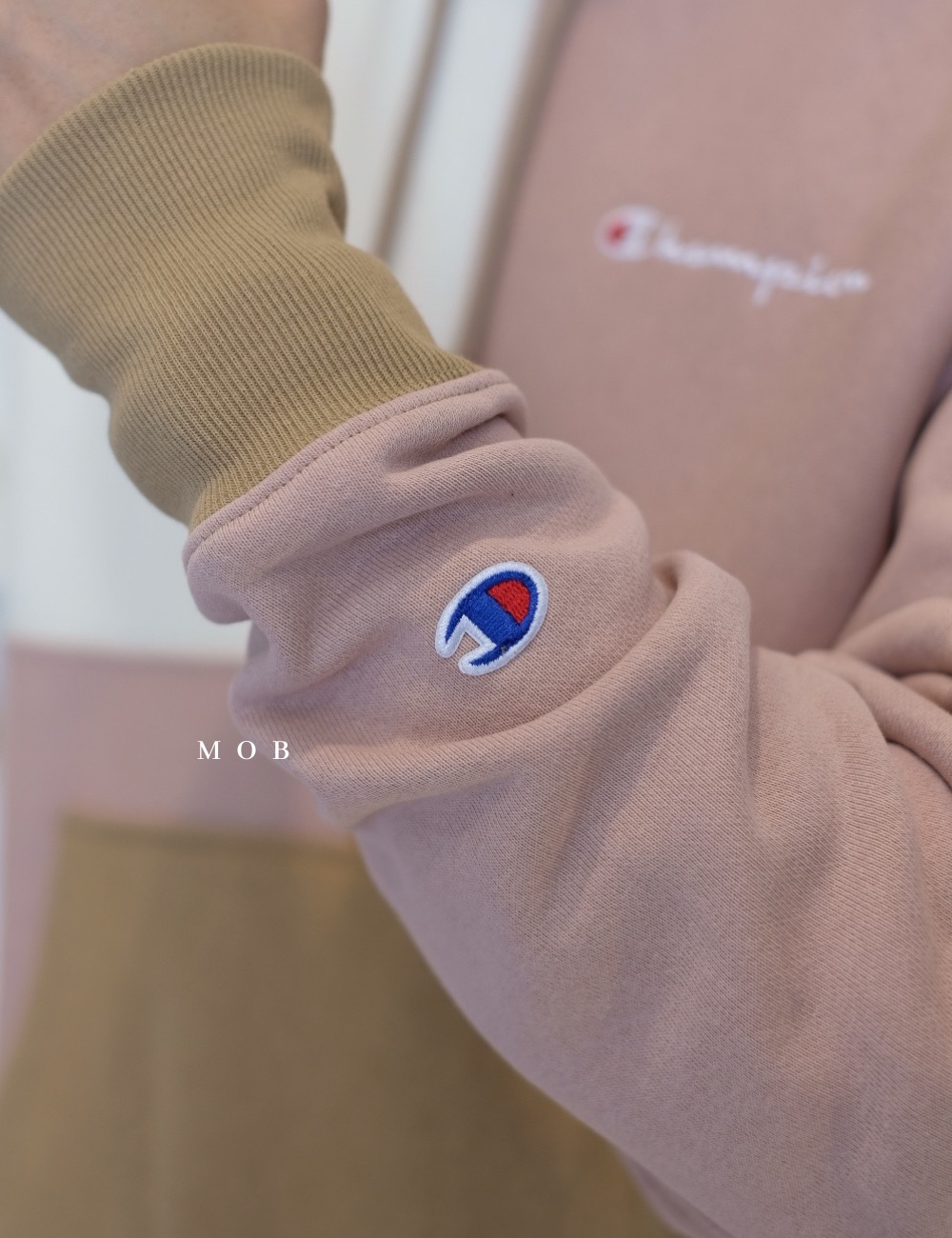 CHMPHOD03001A Champion x Urban Oufitters Exclusive Colorblocked Hoodie Cream Pink Brown