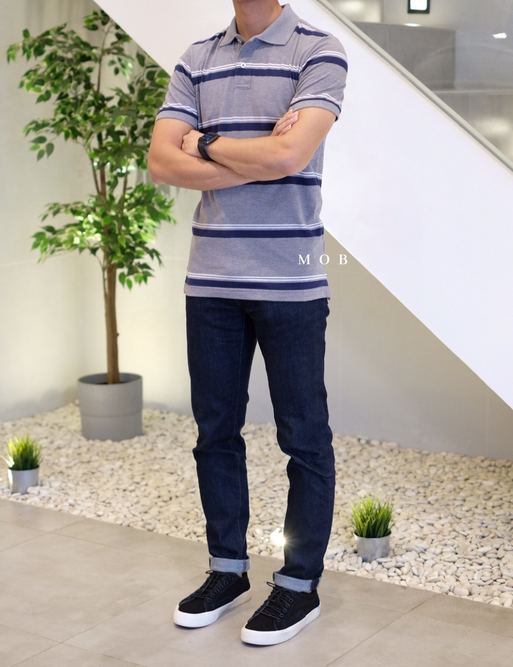 ARPS03002A Stripe Mix Grey Navy Polo Tee