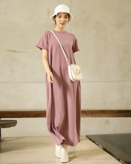 Image of BASIC SHORT SLEEVE DRESS - MAUVE