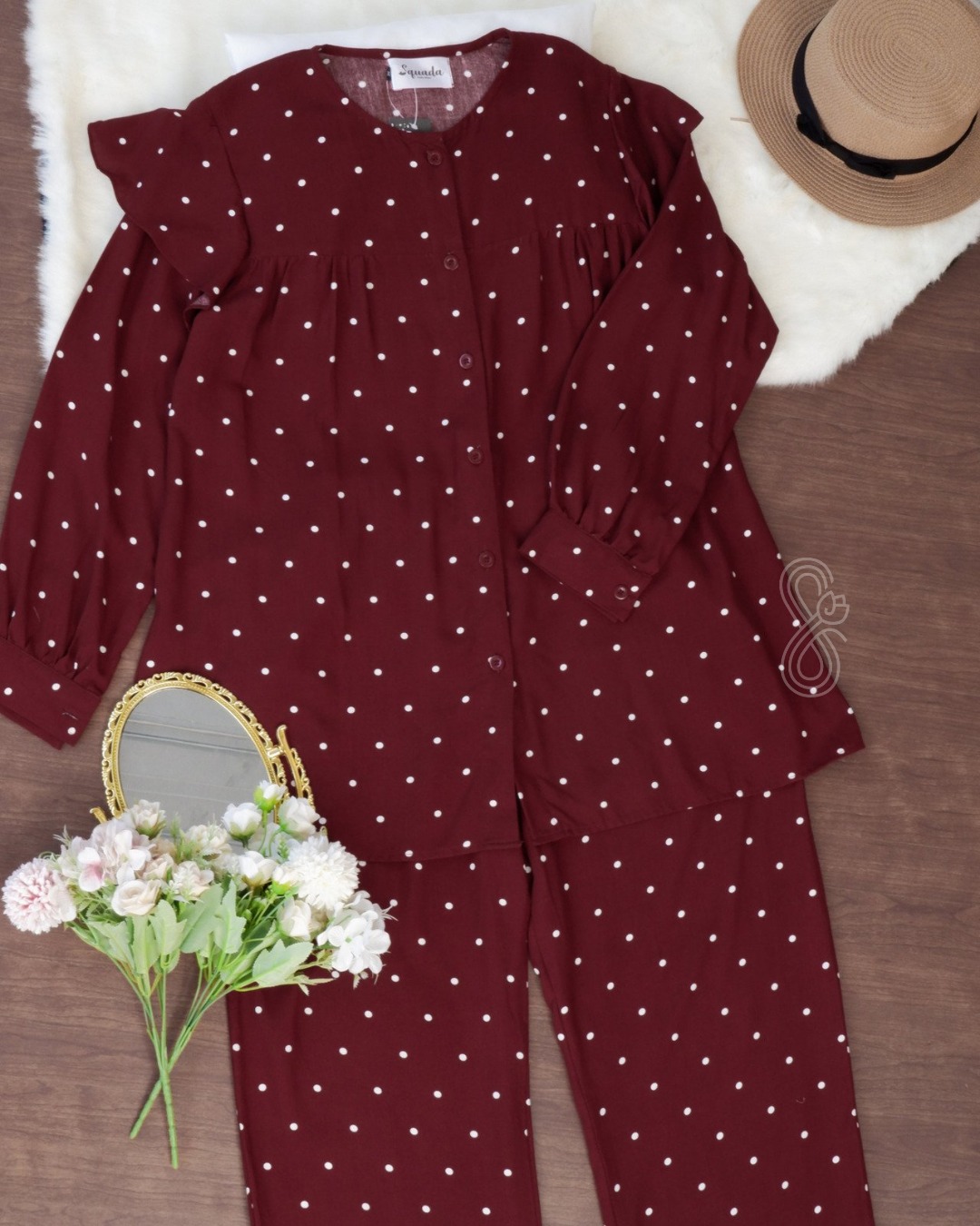 WYNA PAJAMAS SET (MAROON POLKA)