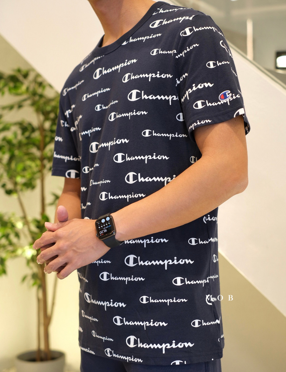 CHMPSST1603 All Over Repeating Logo Tee Navy (S ONLY)
