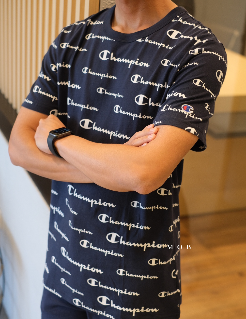 CHMPSST1603 All Over Repeating Logo Tee Navy (S ONLY)