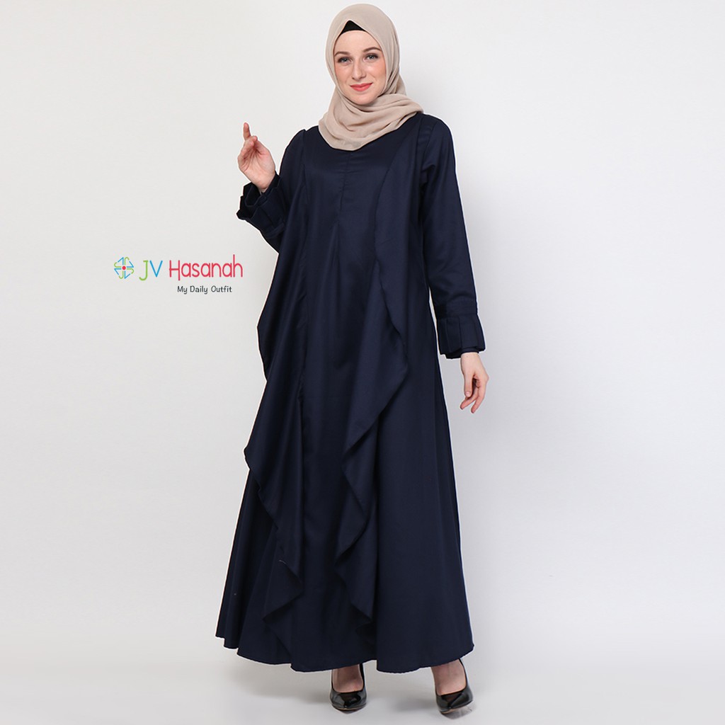 Aliza Flare Dress Navy - Gamis Katun Warna Solid Premium