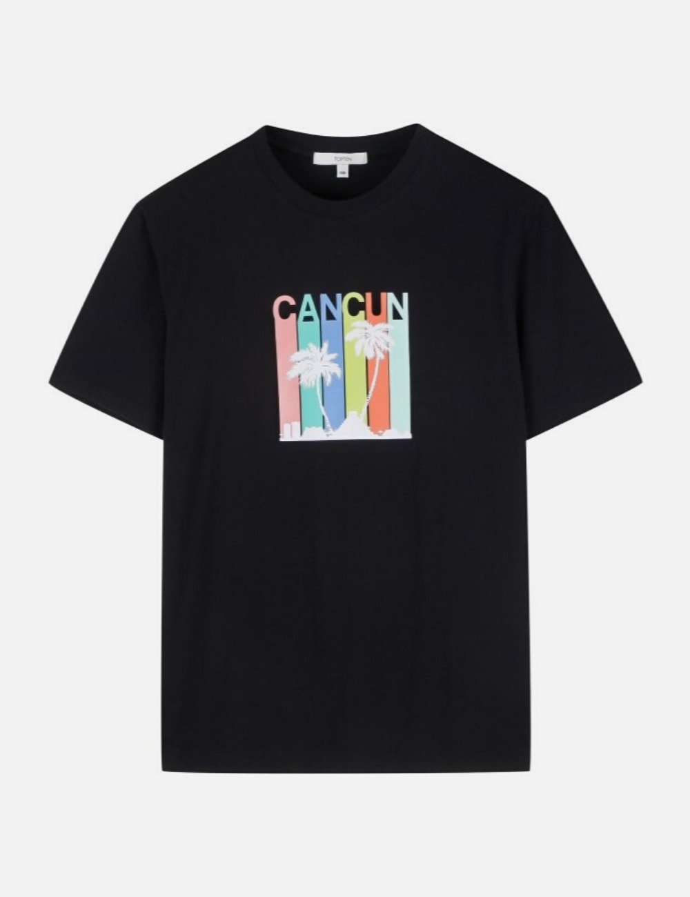 TOPSST01007 Cancun Coconut Rainbow Black Graphic Tee