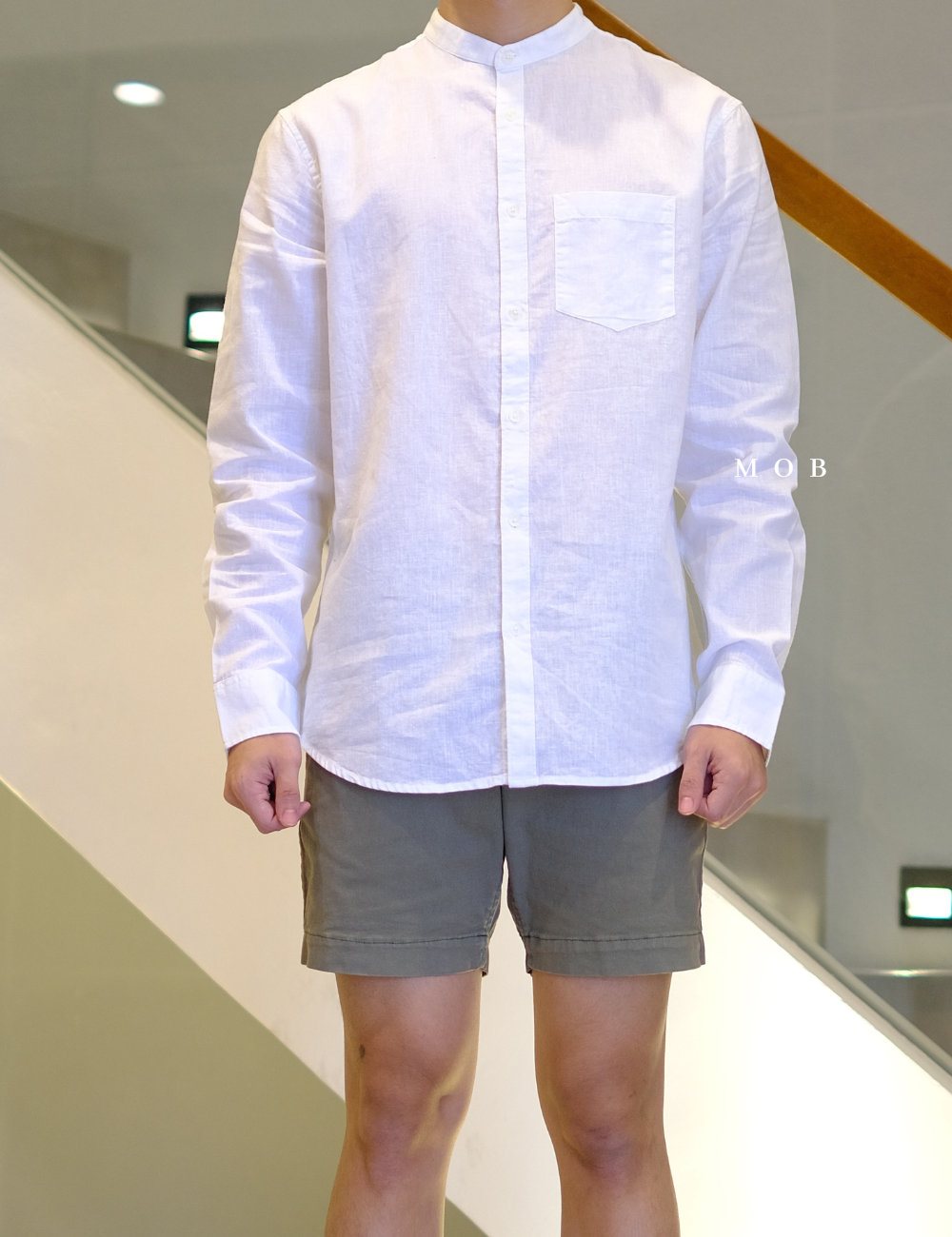 ONLSS02001 Linen Stand Collar LS Shirt White