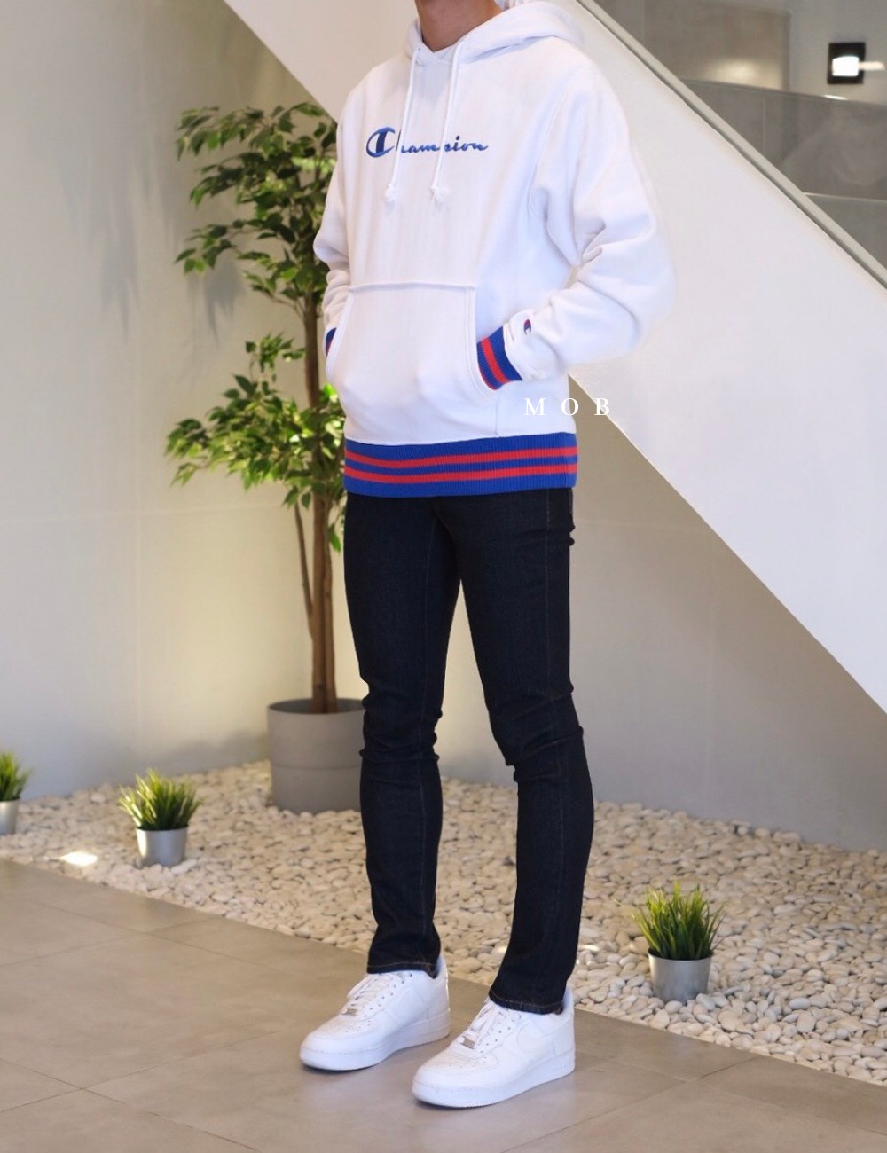CHMPHOD1301 Reverse Weave Yarn Dye Pullover Hoodie White (M ONLY)