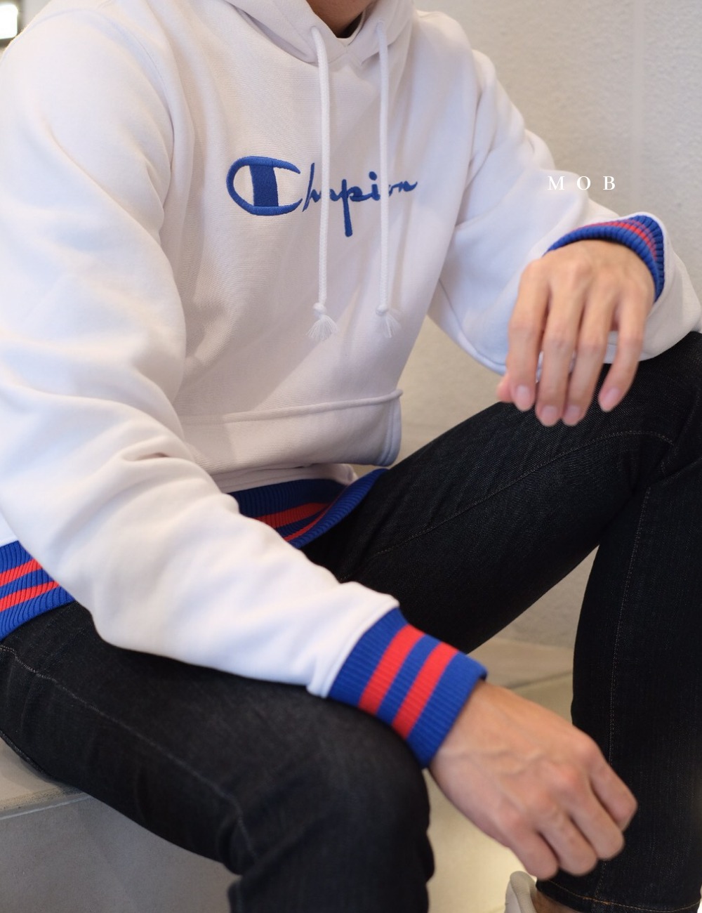 CHMPHOD1301 Reverse Weave Yarn Dye Pullover Hoodie White (M ONLY)