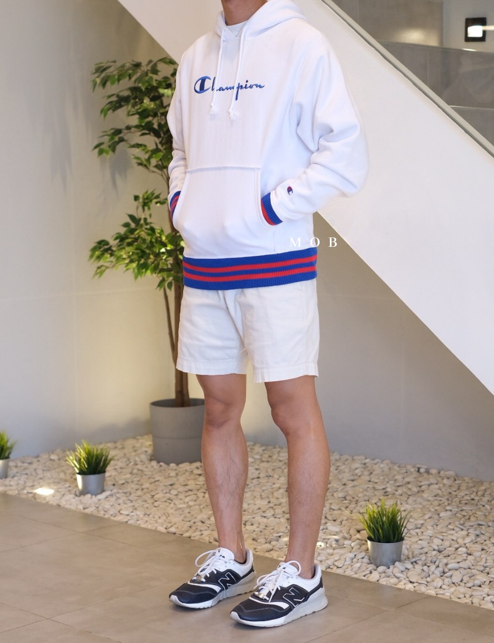 CHMPHOD1301 Reverse Weave Yarn Dye Pullover Hoodie White (M ONLY)