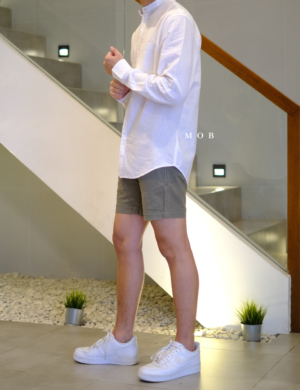 ONLSS02001 Linen Stand Collar LS Shirt White