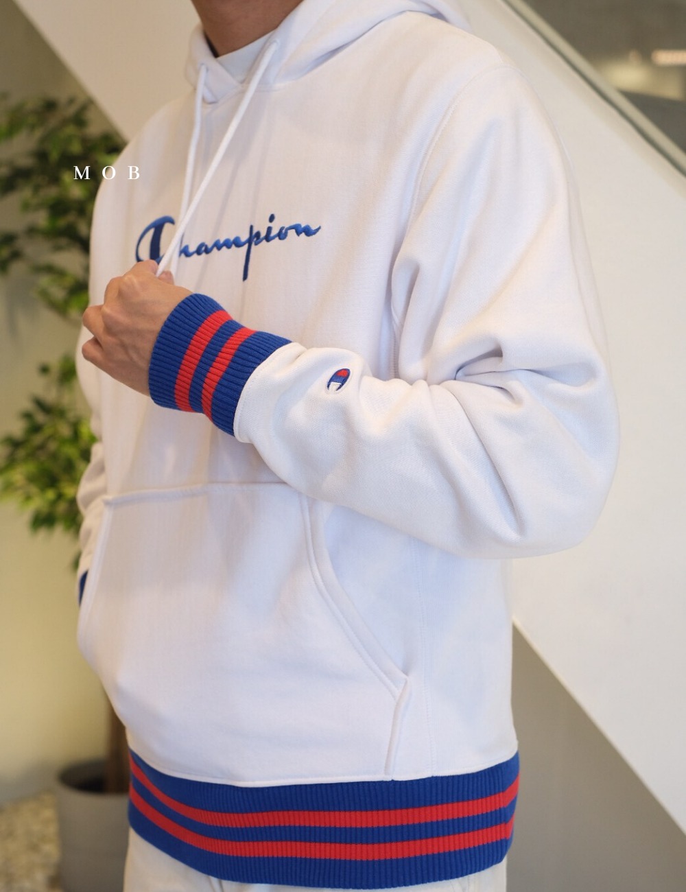 CHMPHOD1301 Reverse Weave Yarn Dye Pullover Hoodie White (M ONLY)