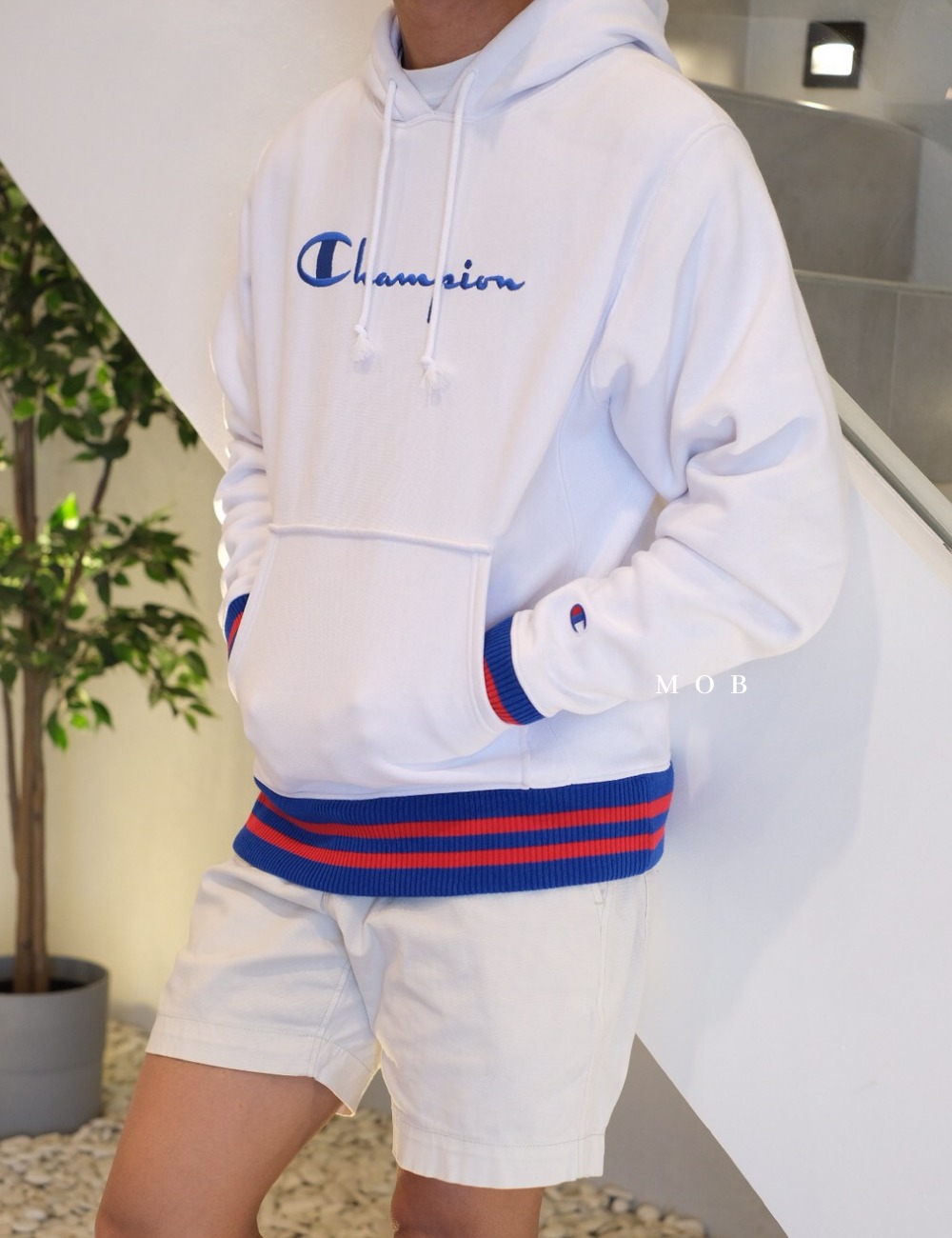 CHMPHOD1301 Reverse Weave Yarn Dye Pullover Hoodie White (M ONLY)