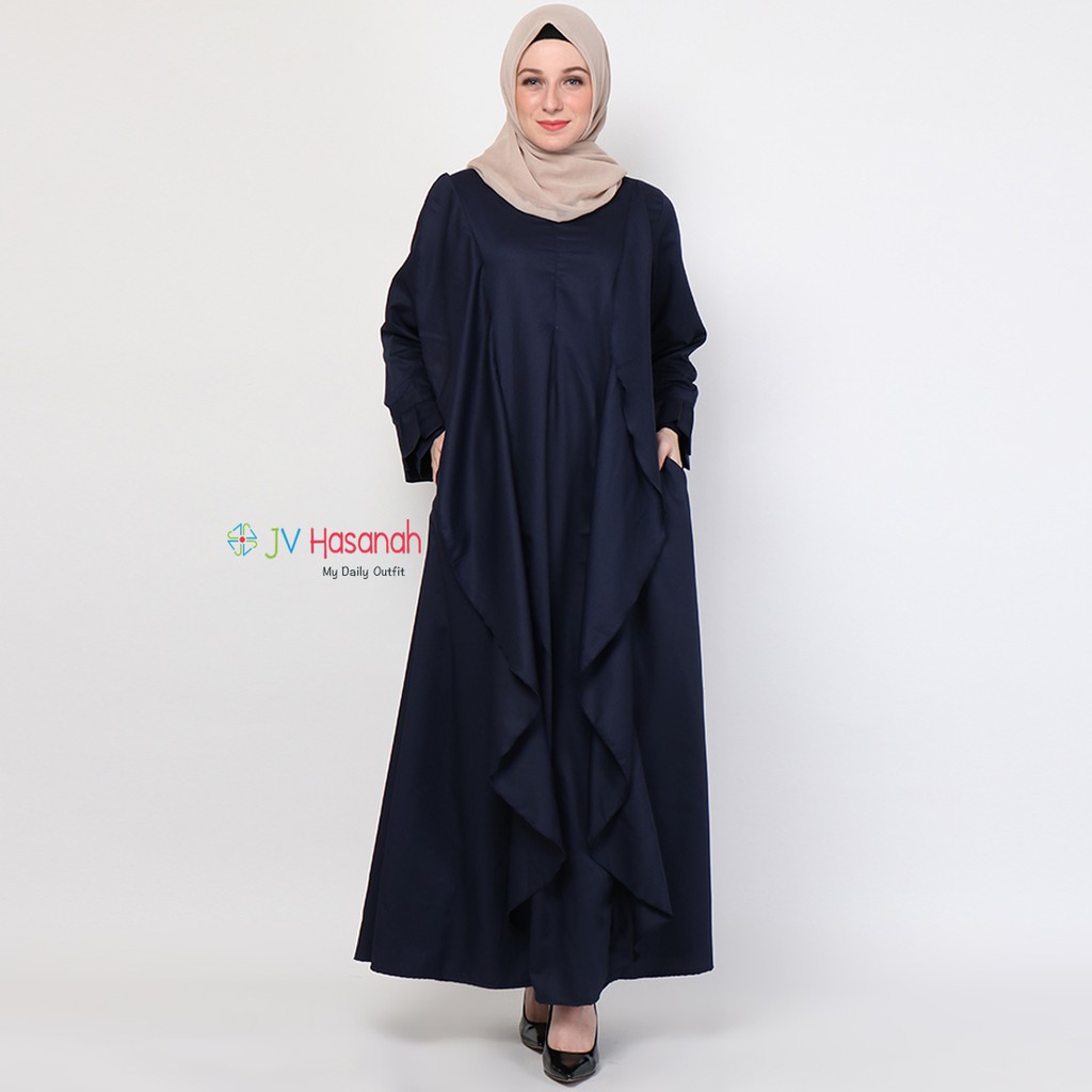 Aliza Flare Dress Navy - Gamis Katun Warna Solid Premium