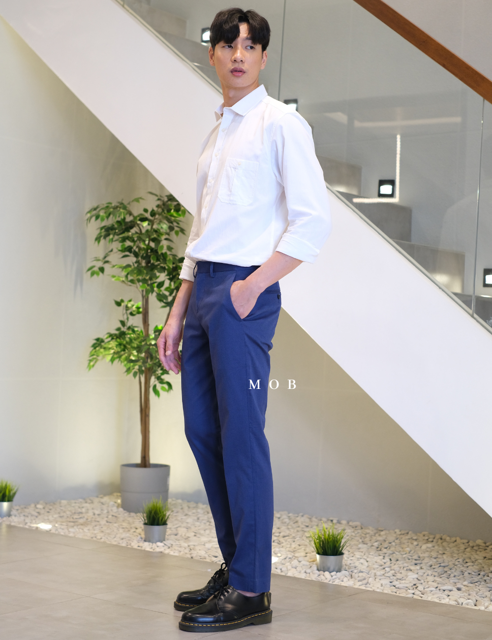EXPT09001AB Slim Stretch Pants Dark Blue Micro Pattern