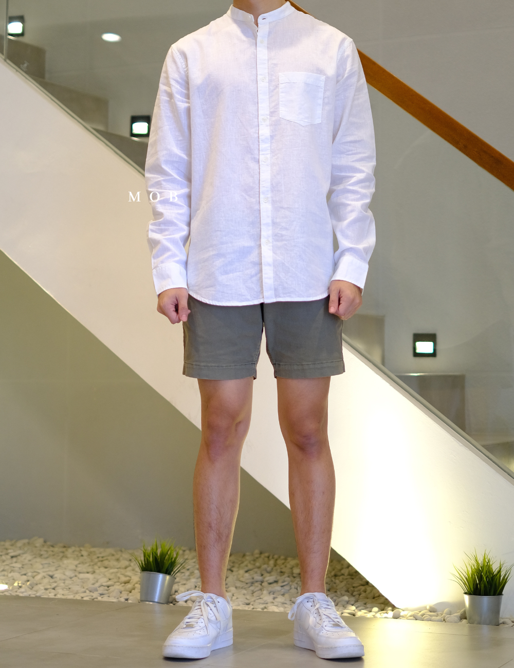 ONLSS02001 Linen Stand Collar LS Shirt White