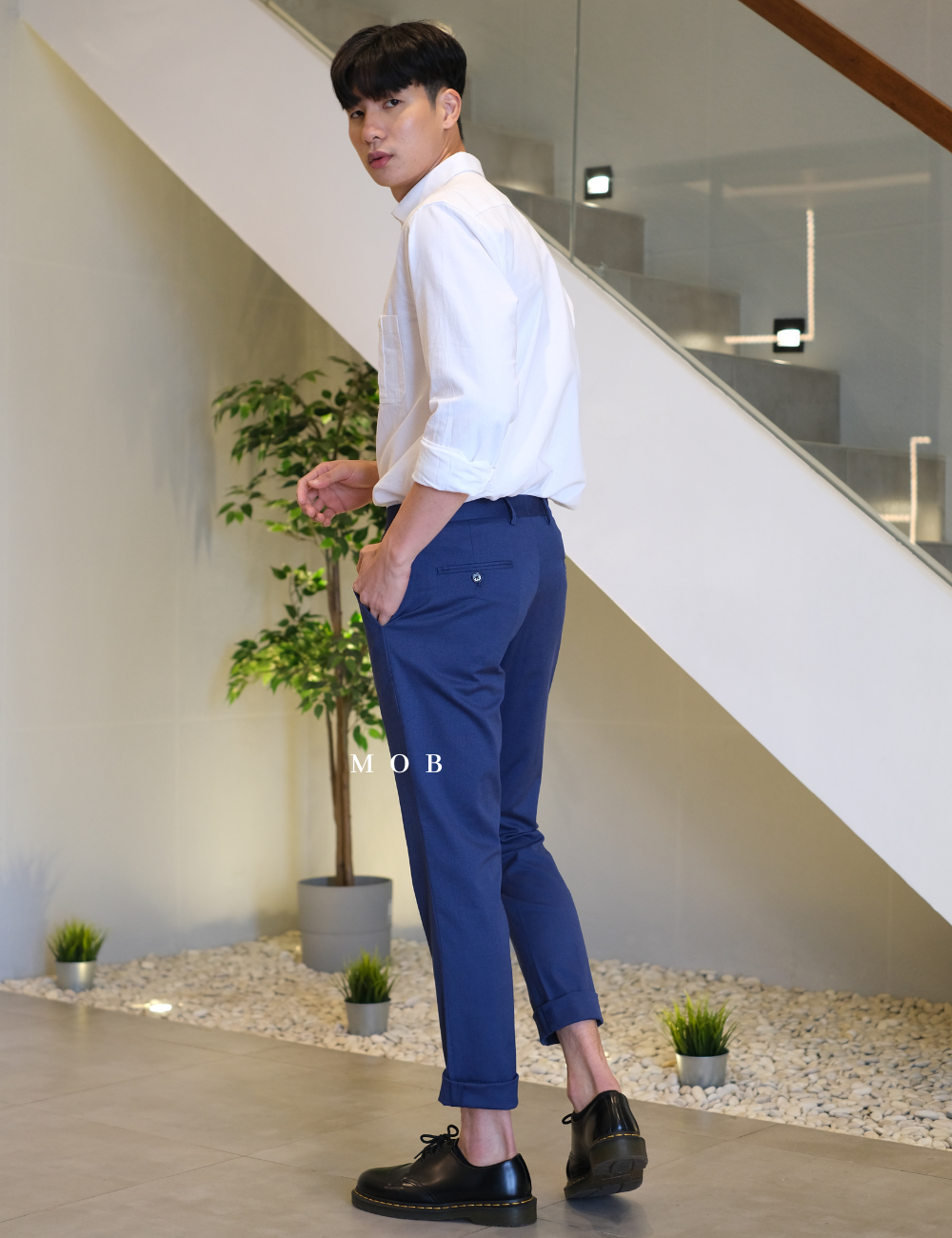 EXPT09001AB Slim Stretch Pants Dark Blue Micro Pattern