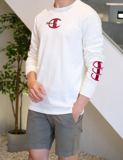 Image of CHMPLST07002A Heritage Double Script LS Tee White Ivory (L ONLY)