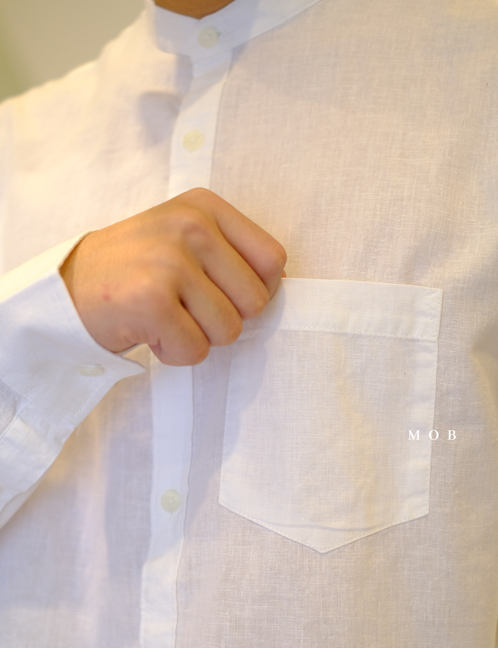 ONLSS02001 Linen Stand Collar LS Shirt White