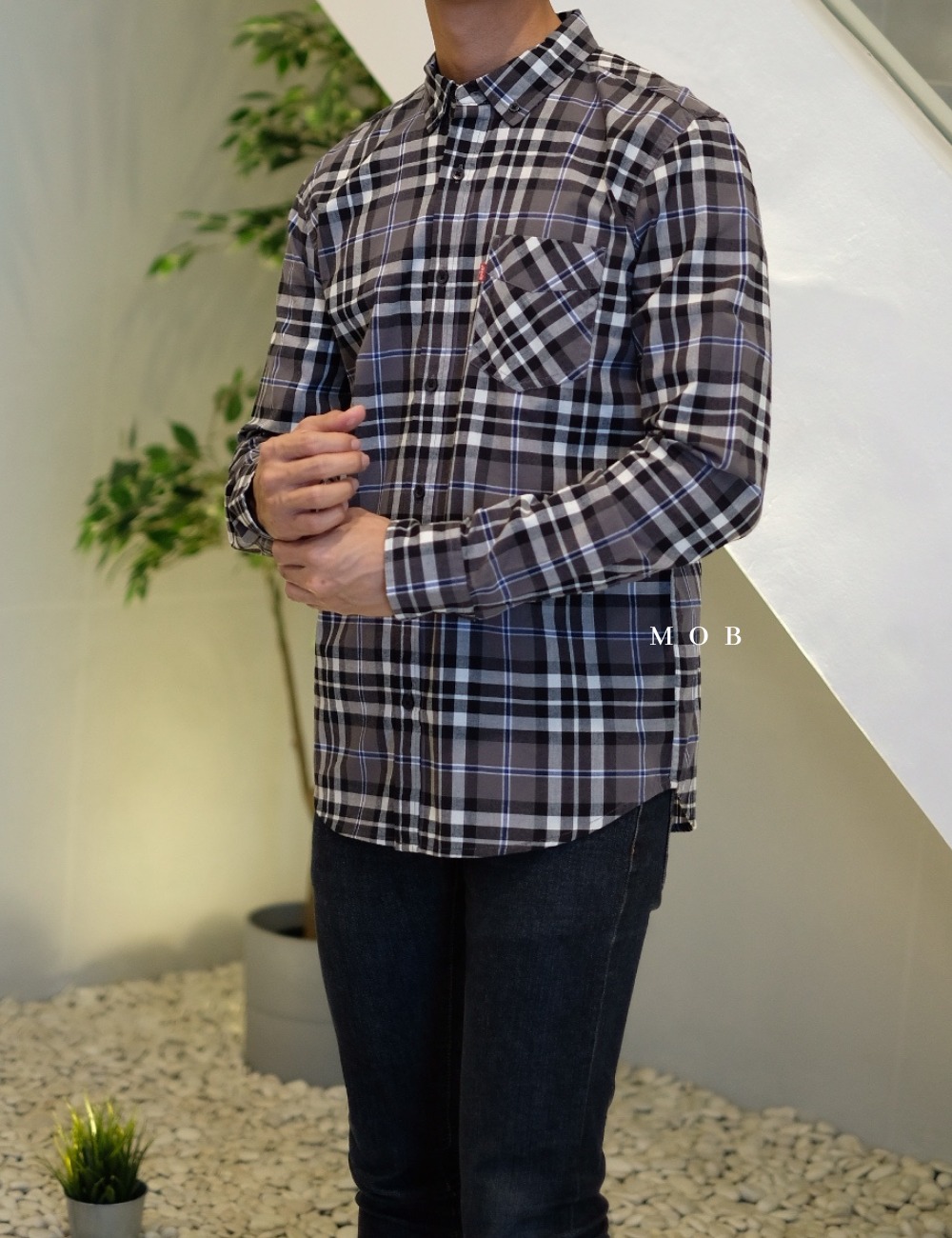 LVLSS02001 Black Grey Plaid Cotton LS (XL ONLY)
