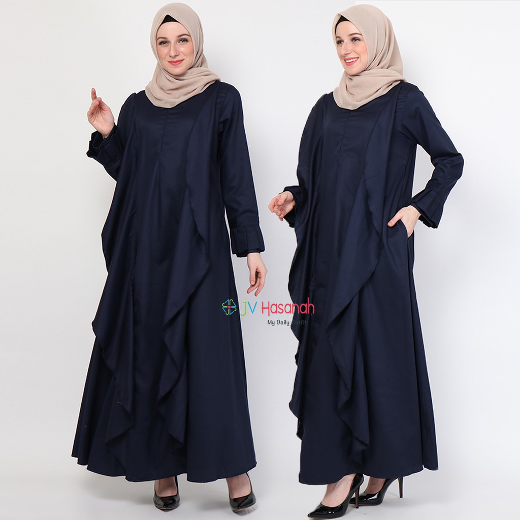 Aliza Flare Dress Navy - Gamis Katun Warna Solid Premium