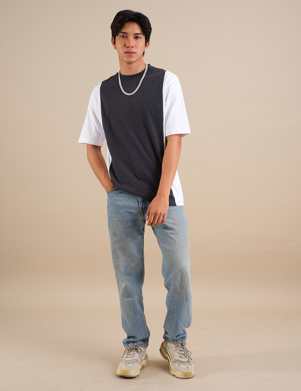 Colorblocked "BLESSINGS" Shadow Grey - White T-shirt