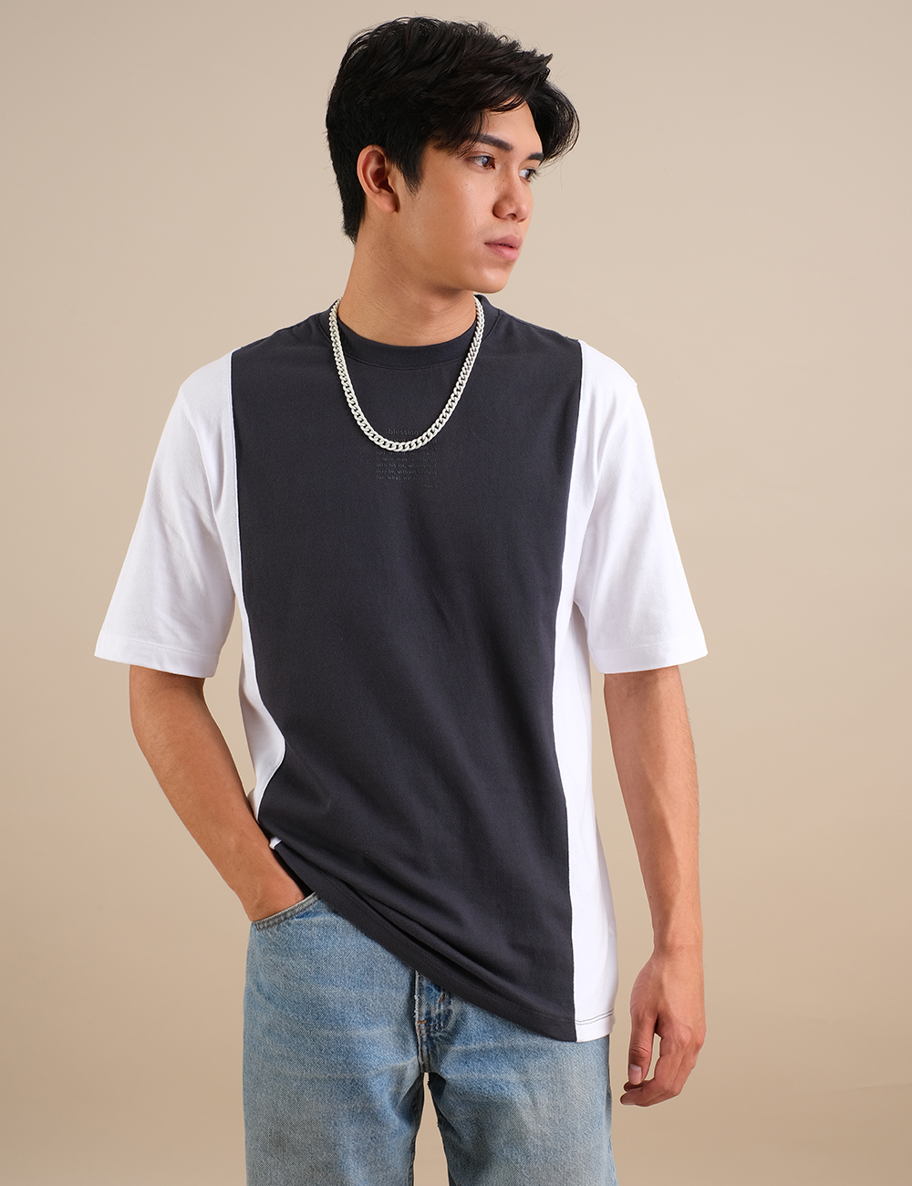 Colorblocked "BLESSINGS" Shadow Grey - White T-shirt