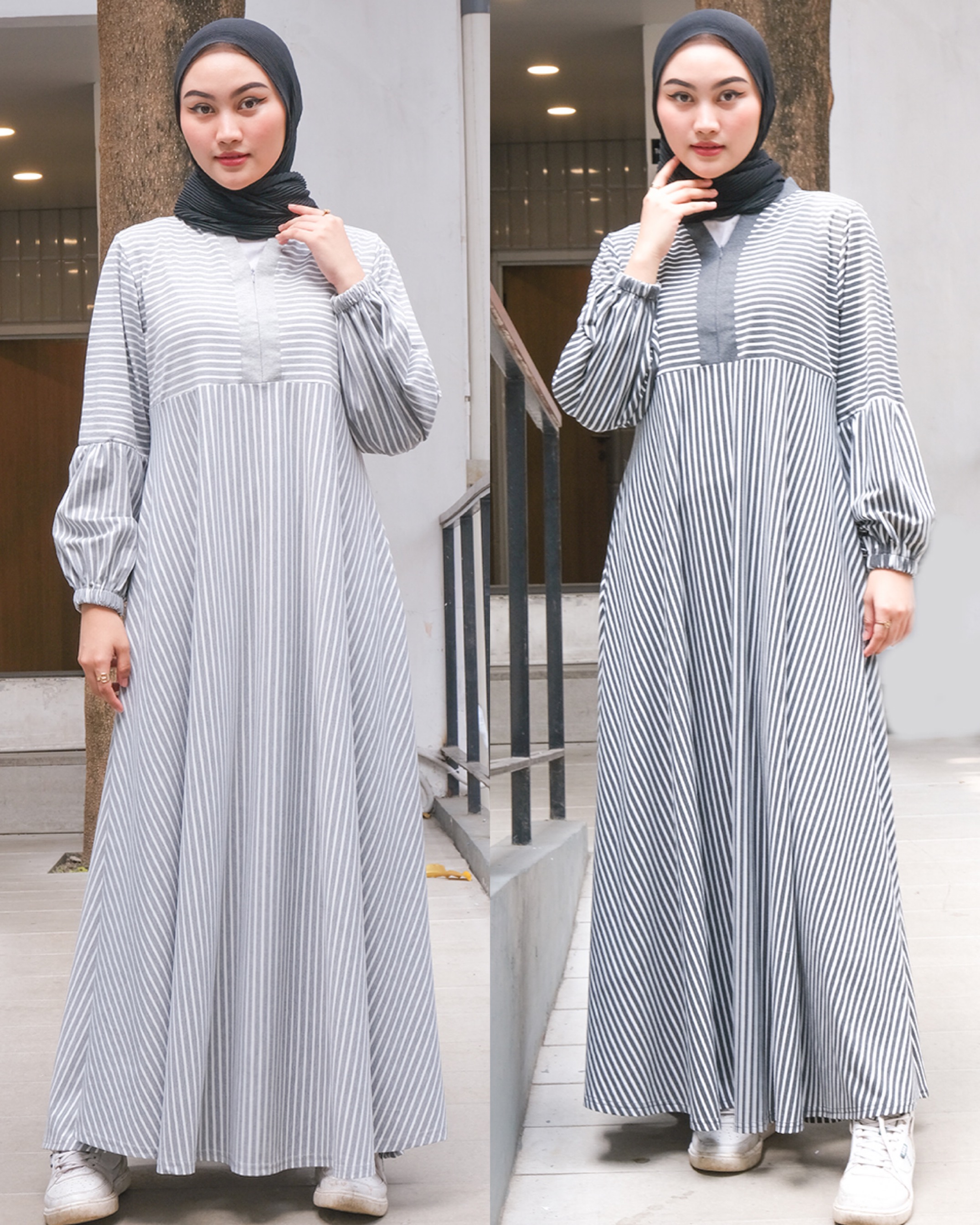 New Asyifa Stripes Dress - Gamis Salur V Tangan Kerut Wanita