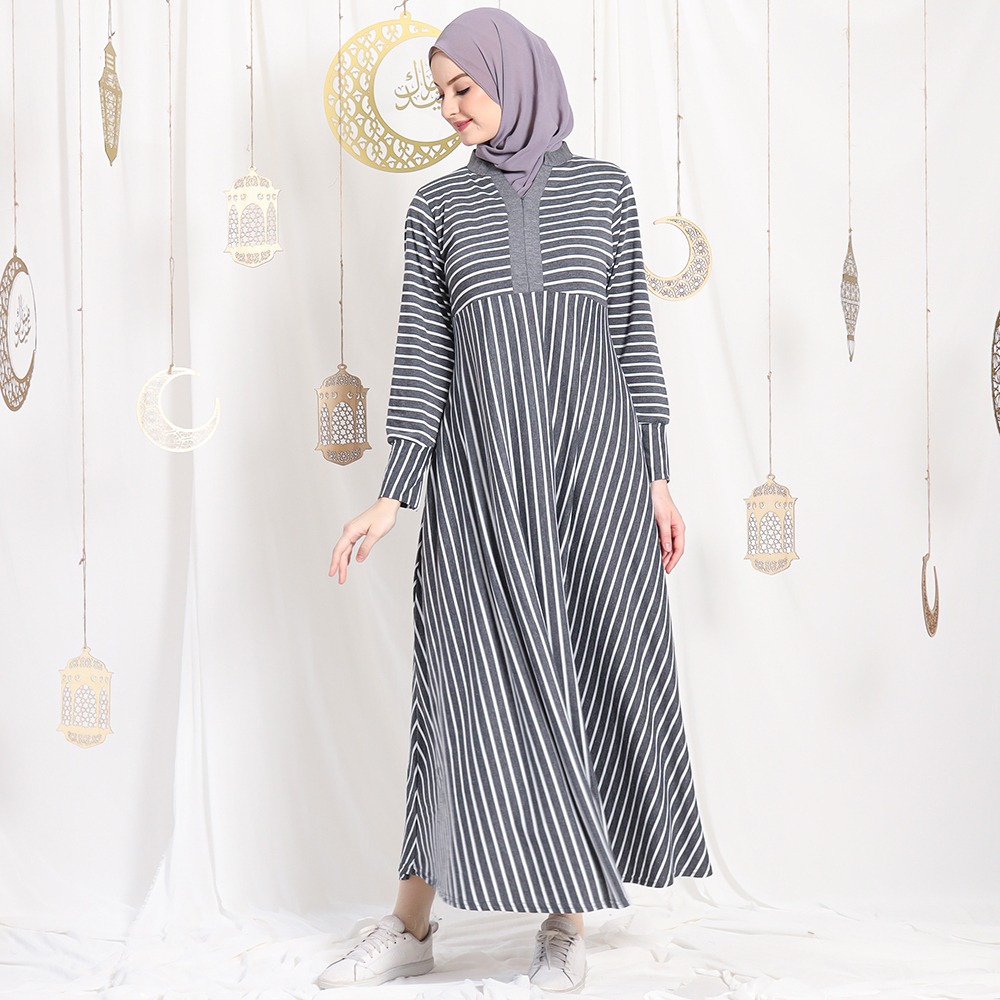 Asyifa Big Stripes Dress Zipper Front - Gamis Salur Besar Wanita