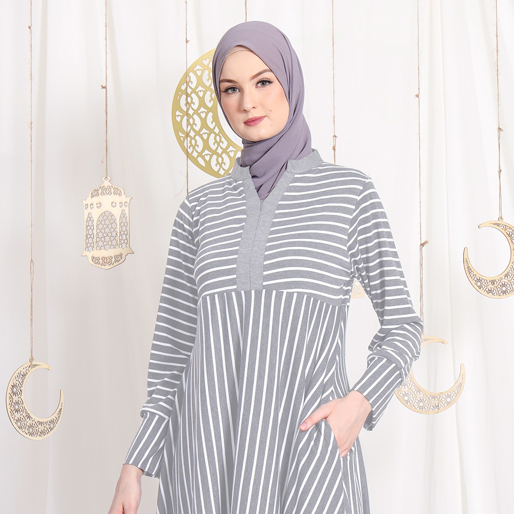 Asyifa Big Stripes Dress Zipper Front - Gamis Salur Besar Wanita