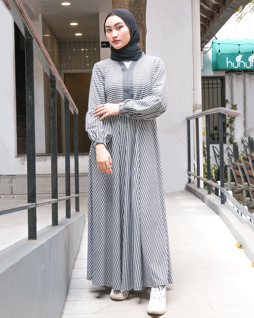 New Asyifa Stripes Dress - Gamis Salur V Tangan Kerut Wanita