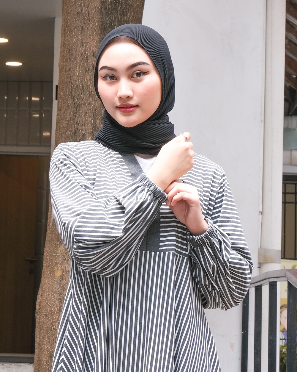 New Asyifa Stripes Dress - Gamis Salur V Tangan Kerut Wanita