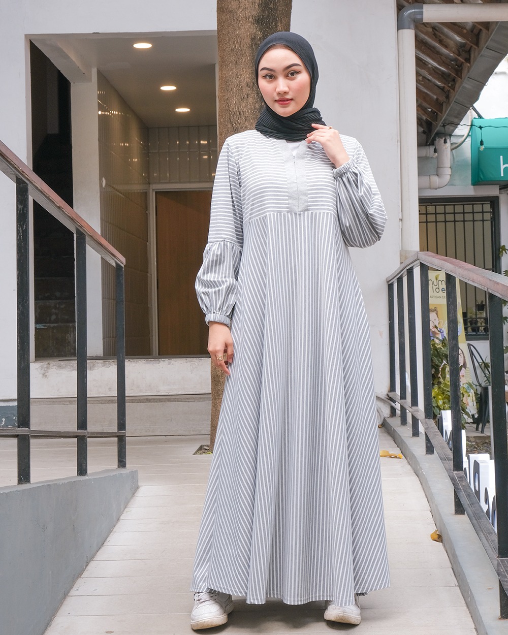 New Asyifa Stripes Dress - Gamis Salur V Tangan Kerut Wanita