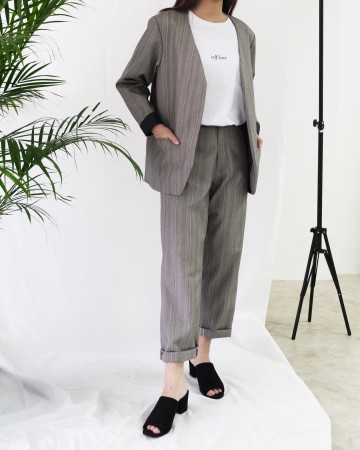 UNBUTTON OVERSIZED BLAZER - GRAY PATTERN