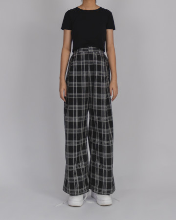 DEEP PLEATED WIDE TROUSERS - PLAID LINEN