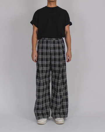DEEP PLEATED WIDE TROUSERS - PLAID LINEN