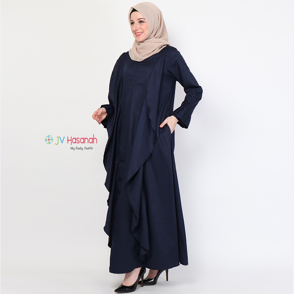 Aliza Flare Dress Navy - Gamis Katun Warna Solid Premium