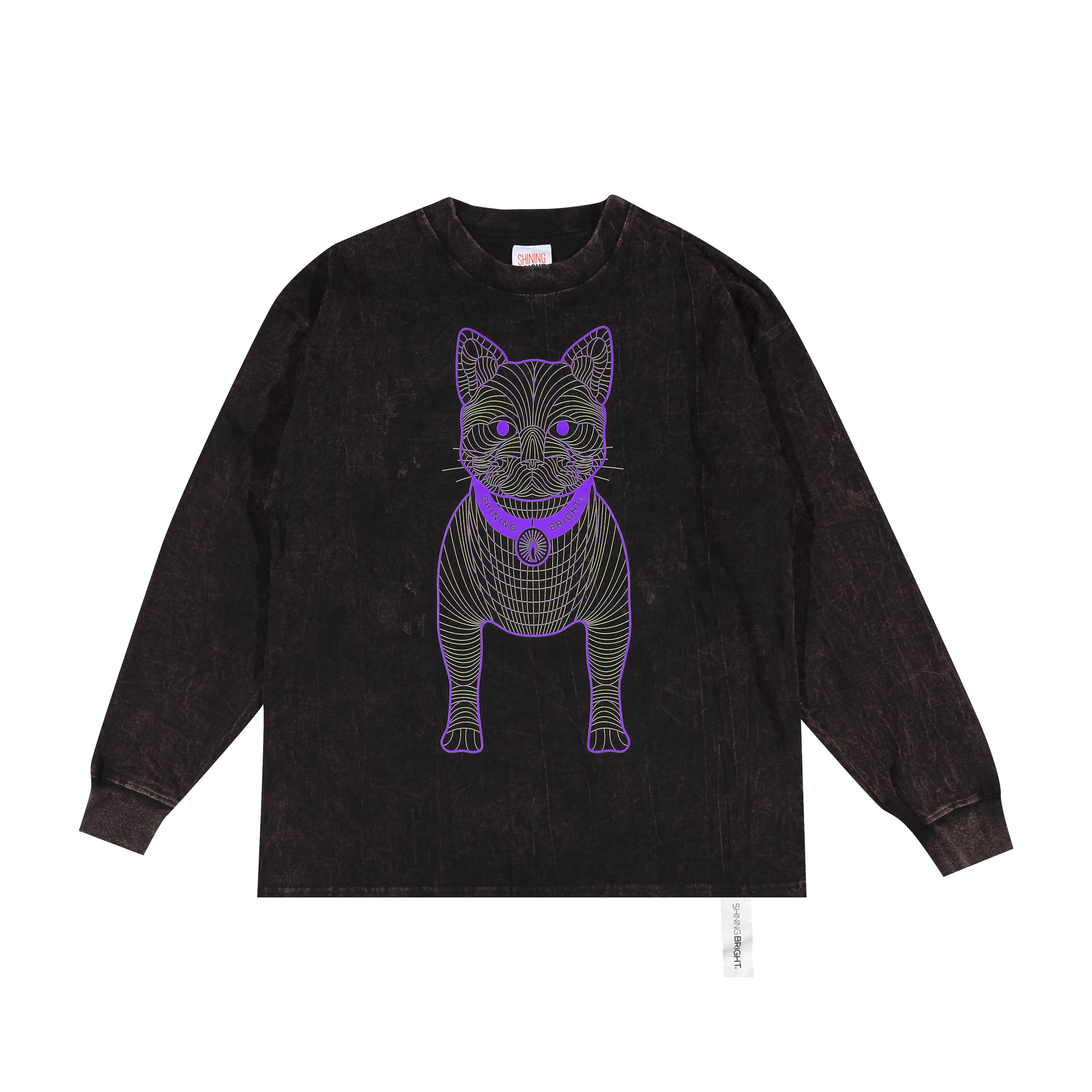 Shining Bright Cat Wire Purp Long Washed Tshirt - Black