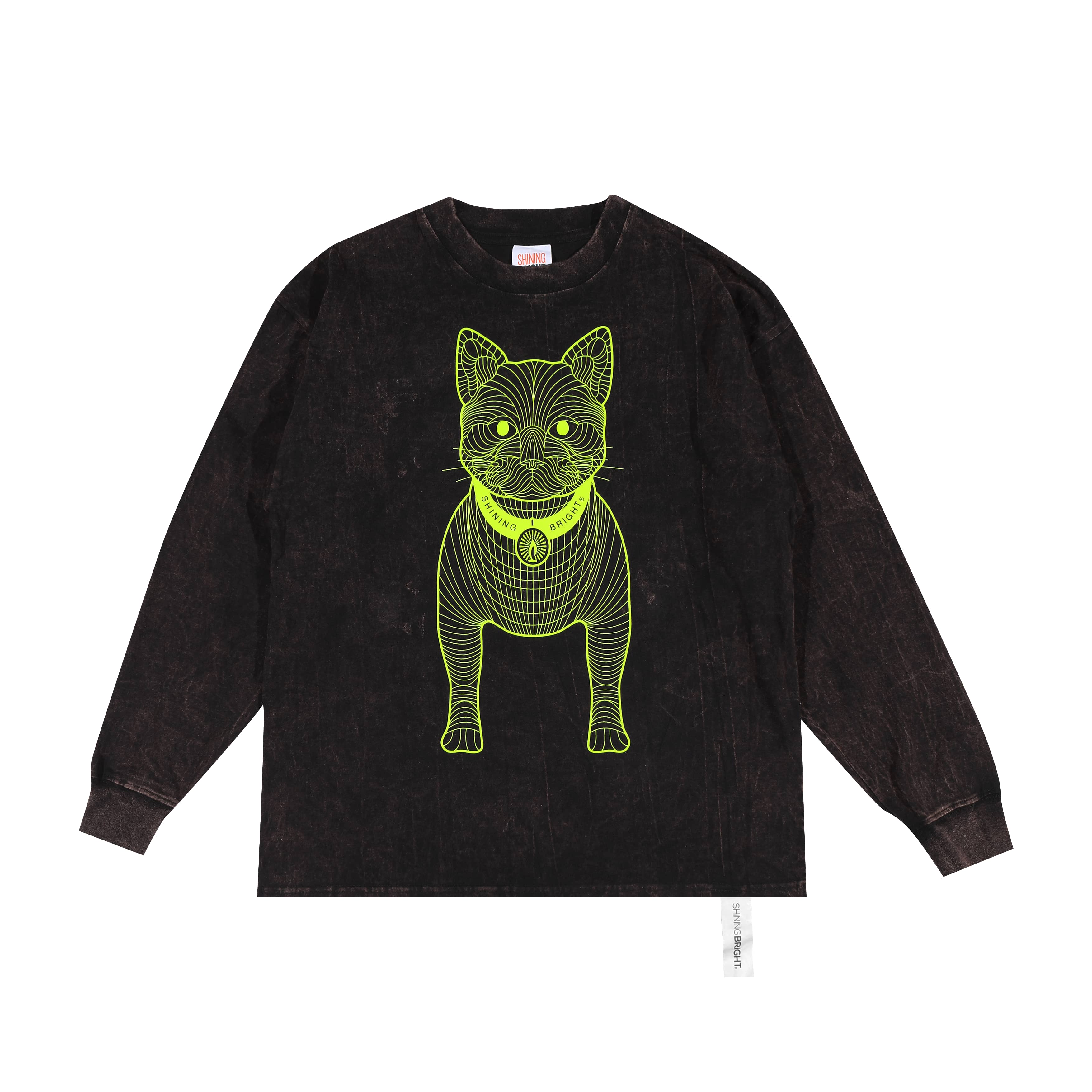 Shining Bright Cat Wire Lime Long Washed Tshirt - Black