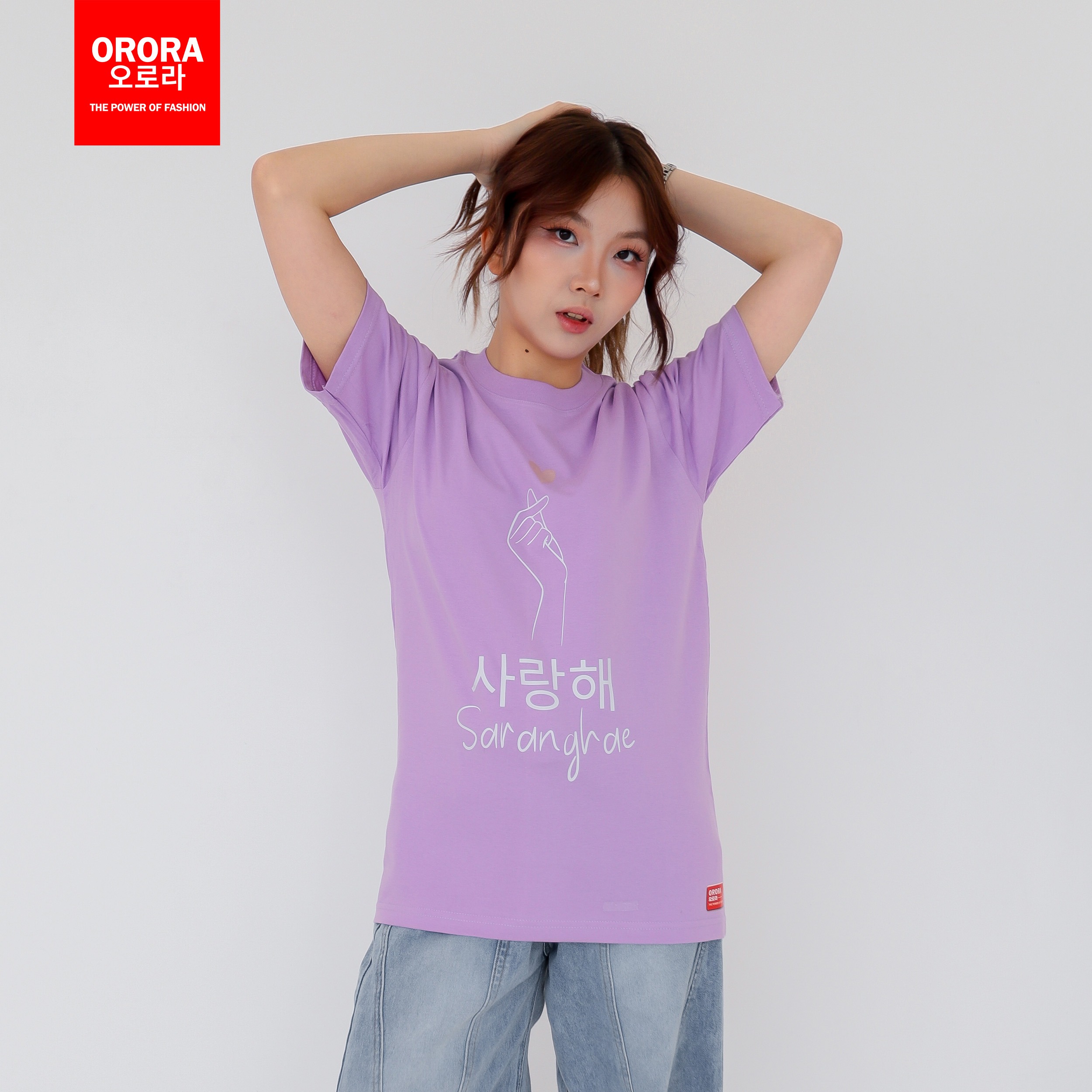 Orora Kaos Distro Korea Wanita Saranghae - Baju T-shirt Pria Wanita Love Finger Heart ORKL 11
