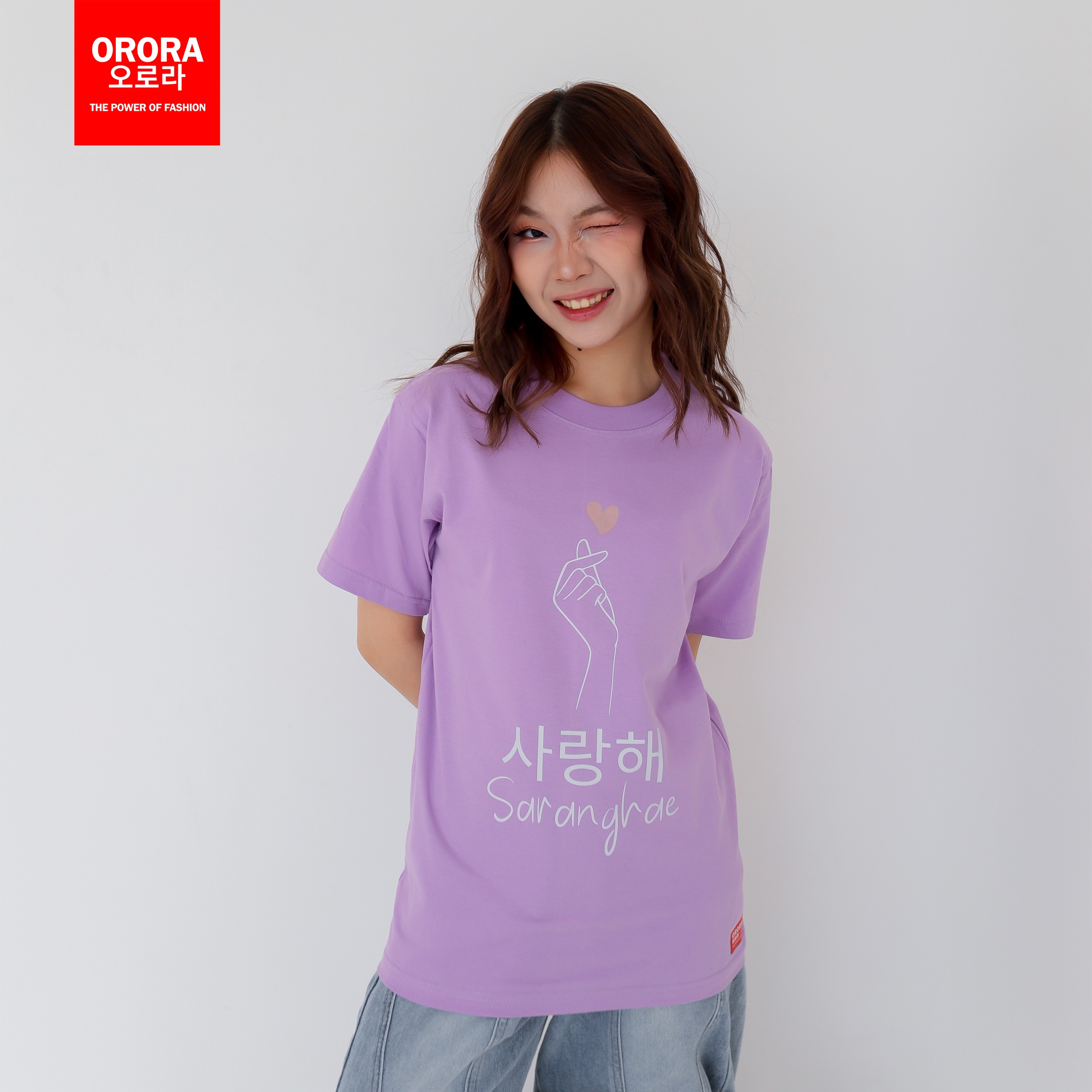 Orora Kaos Distro Korea Wanita Saranghae - Baju T-shirt Pria Wanita Love Finger Heart ORKL 11