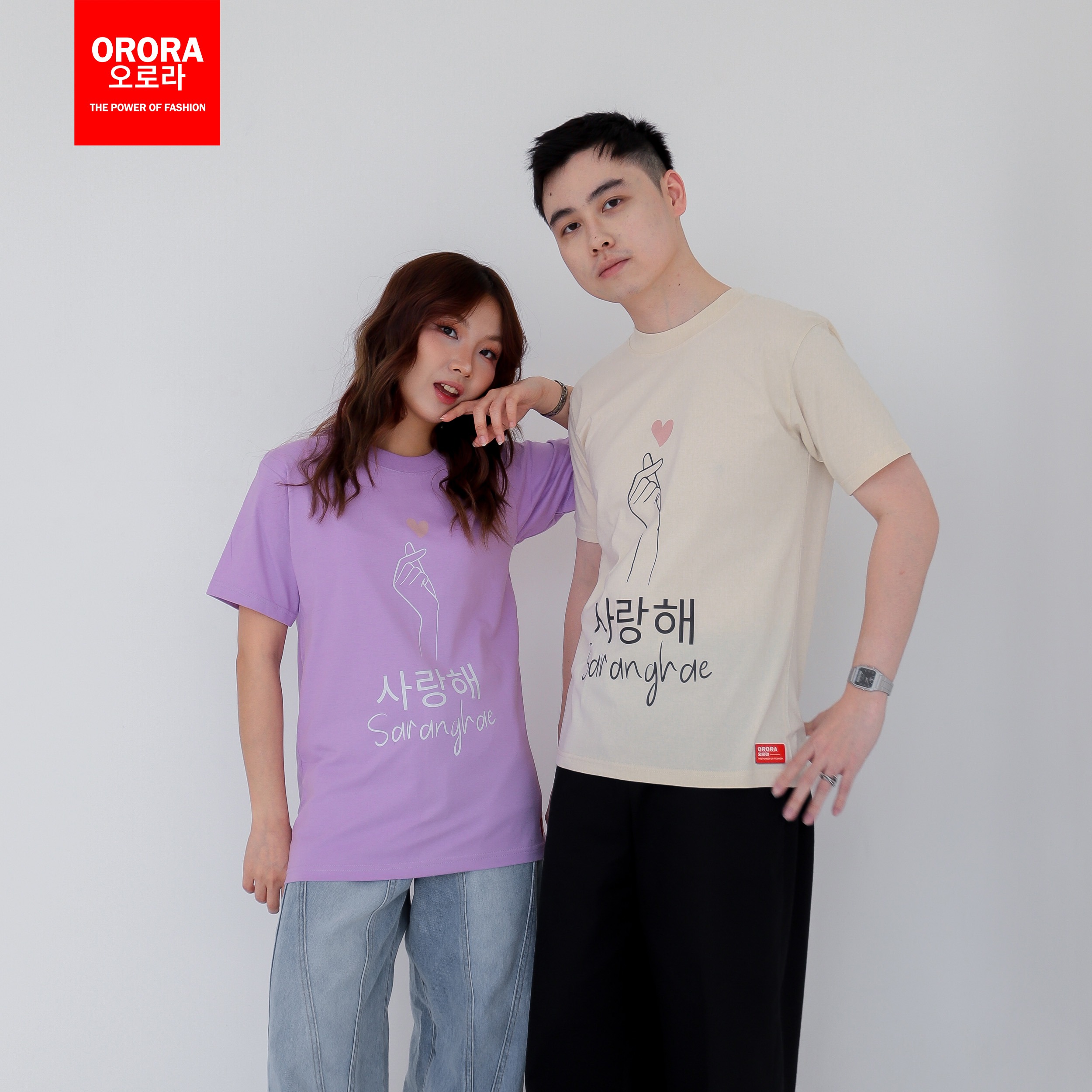 Orora Kaos Distro Korea Wanita Saranghae - Baju T-shirt Pria Wanita Love Finger Heart ORKL 11