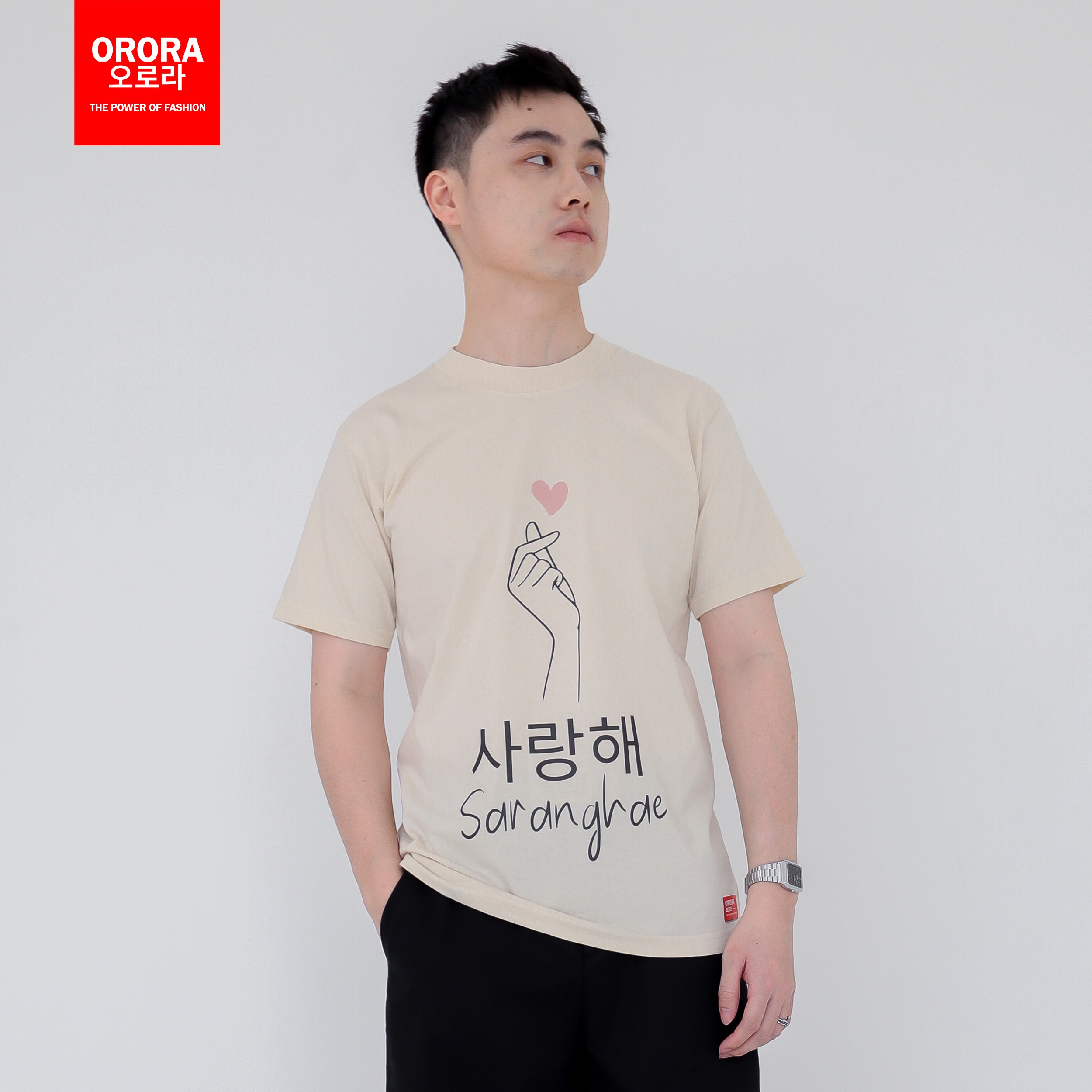 Orora Kaos Distro Korea Wanita Saranghae - Baju T-shirt Pria Wanita Love Finger Heart ORKL 11