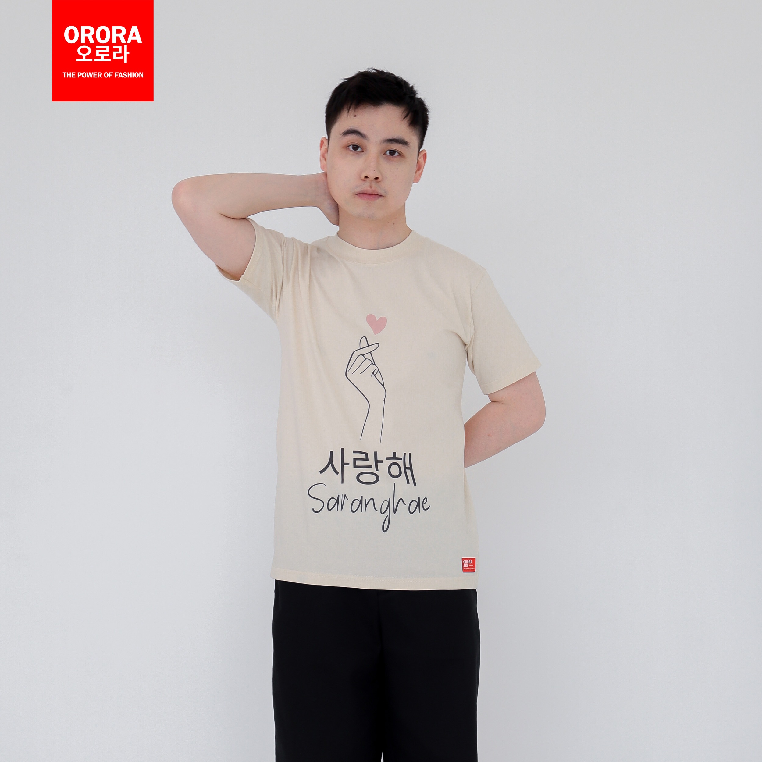 Orora Kaos Distro Korea Wanita Saranghae - Baju T-shirt Pria Wanita Love Finger Heart ORKL 11
