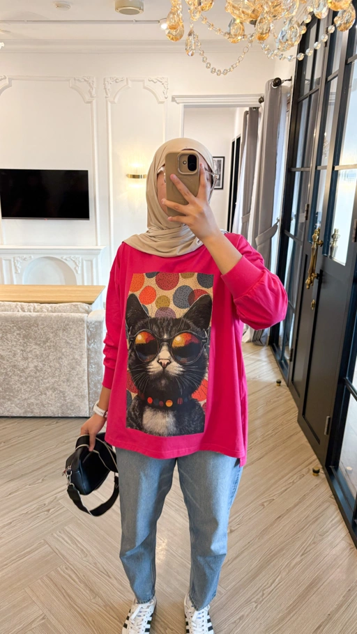 Image of Tshirt LS Tuxedo Cat Fuschia