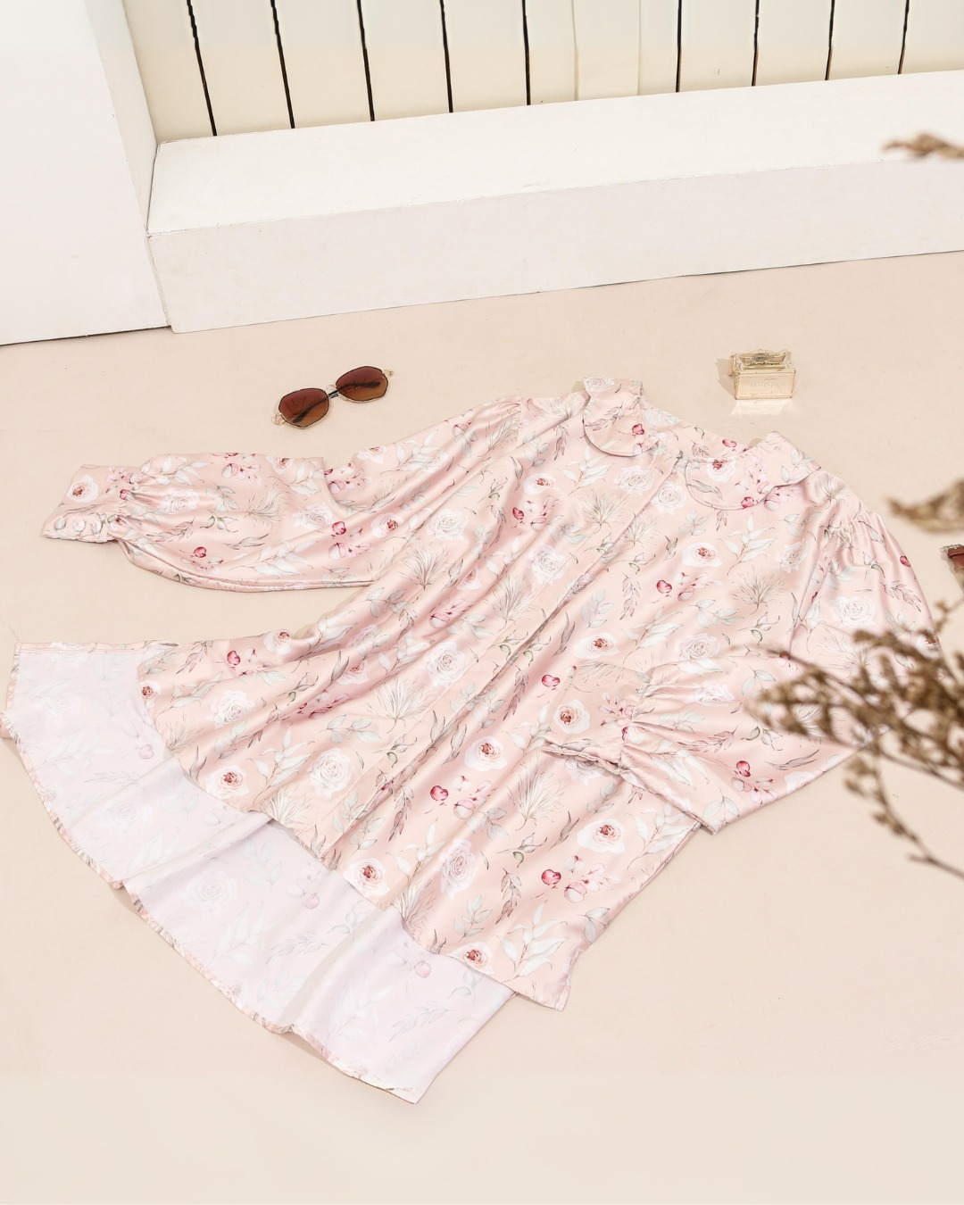 Camellia Blouse Blush Printing Motif Bunga